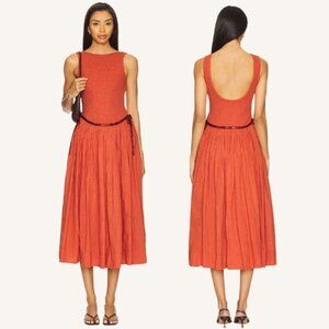 Free People Nightingale Seersucker Midi Dress XS Orange Smocked Boho NWOT